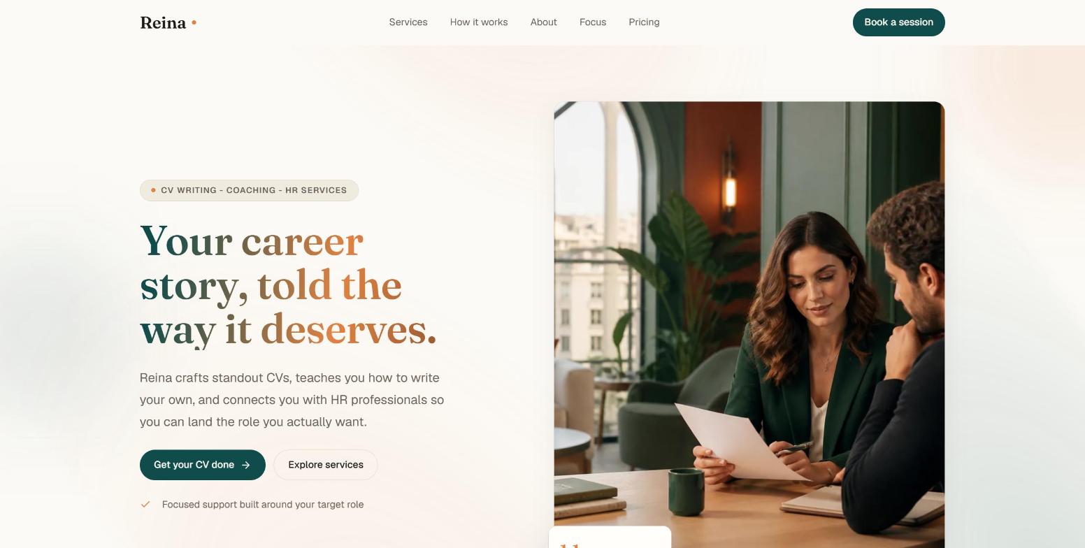 Reina: a career-services website that turns visitors into clear requests screenshot