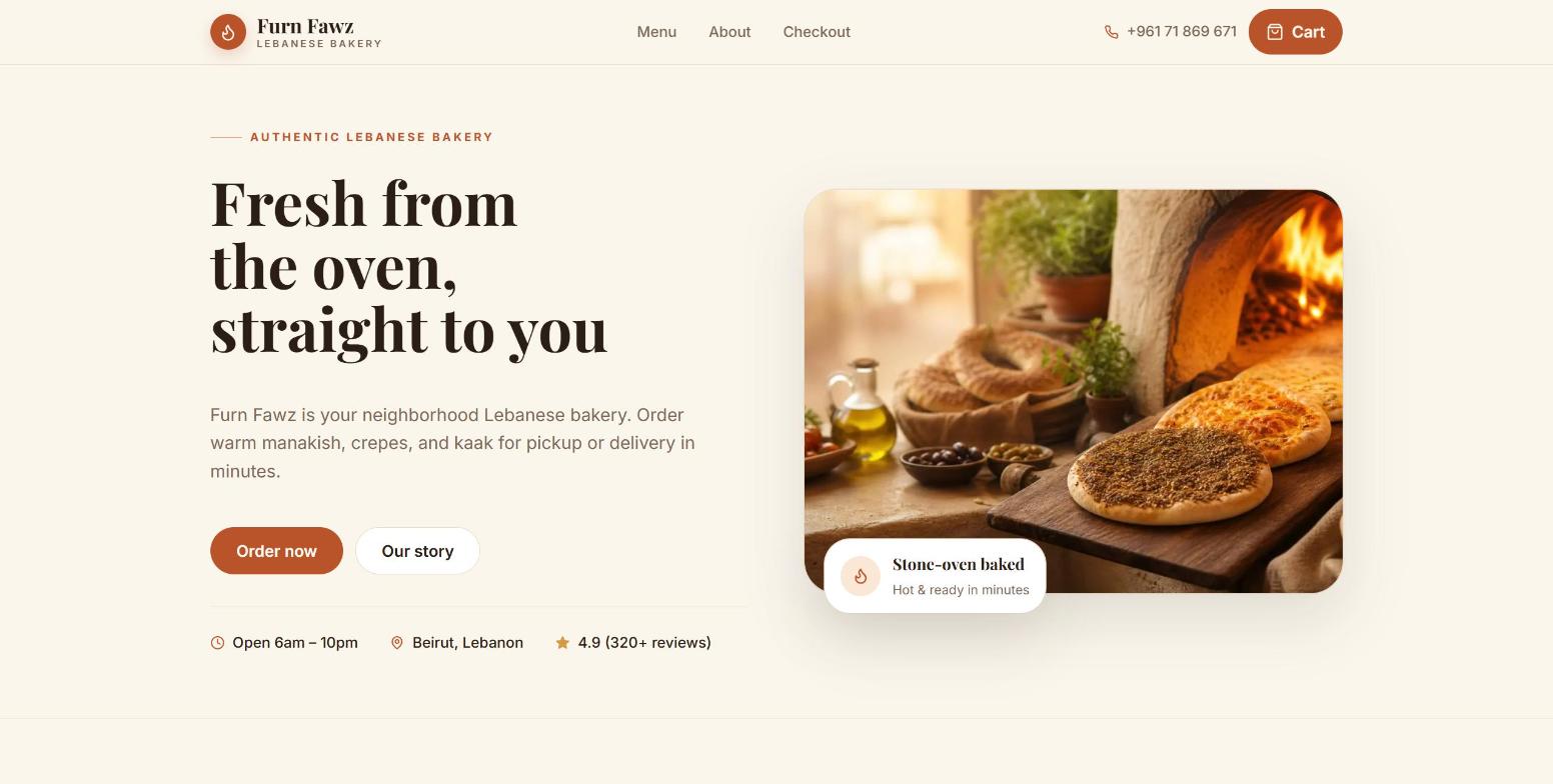 Furn Fawz: online ordering with a live kitchen board for a neighborhood bakery screenshot