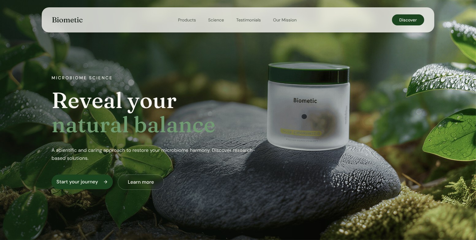 Biometic: a calm, science-led launch site for a microbiome wellness brand screenshot
